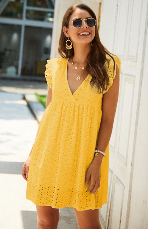 Dress- Cotton Eyelet V-neck Vacay Mini Dress- - IndioGear Fashion and Gear