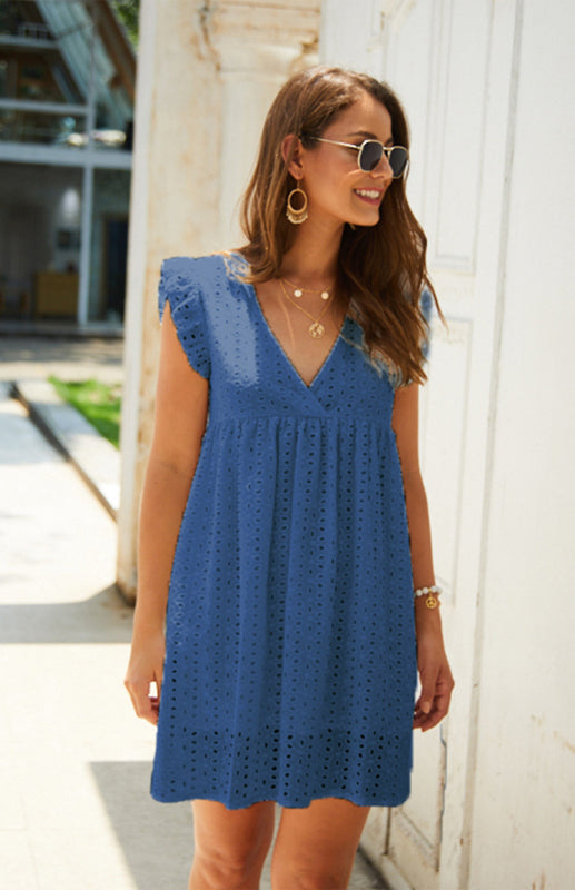 Dress- Cotton Eyelet V-neck Vacay Mini Dress- - IndioGear Fashion and Gear