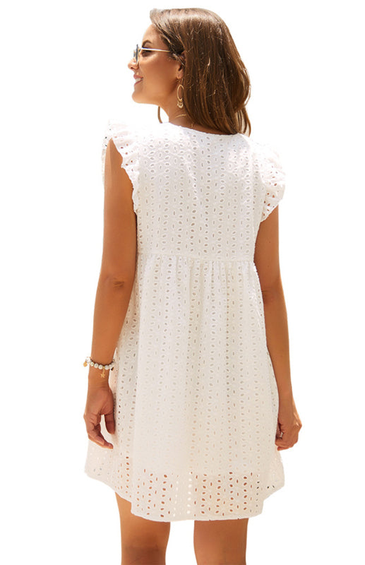 Dress- Cotton Eyelet V-neck Vacay Mini Dress- - IndioGear Fashion and Gear