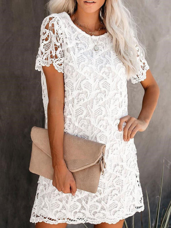 Dress- Cotton Guipure Lace Loose Dress- White- IndioGear Fashion and Gear