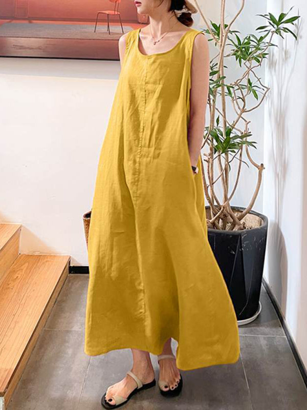 Dress- Cotton-Linen Tank Maxi Dress - Perfect for Any Occasion!- Yellow- IndioGear Fashion and Gear