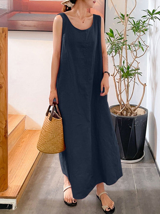 Dress- Cotton-Linen Tank Maxi Dress - Perfect for Any Occasion!- Blue- IndioGear Fashion and Gear