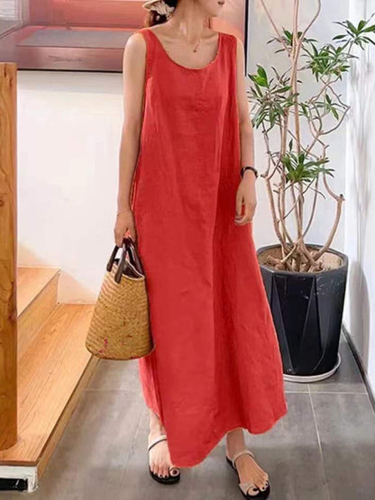 Dress- Cotton-Linen Tank Maxi Dress - Perfect for Any Occasion!- Red- IndioGear Fashion and Gear