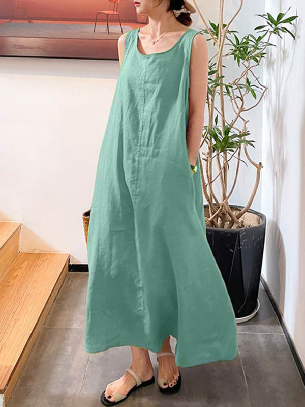 Dress- Cotton-Linen Tank Maxi Dress - Perfect for Any Occasion!- Green- IndioGear Fashion and Gear