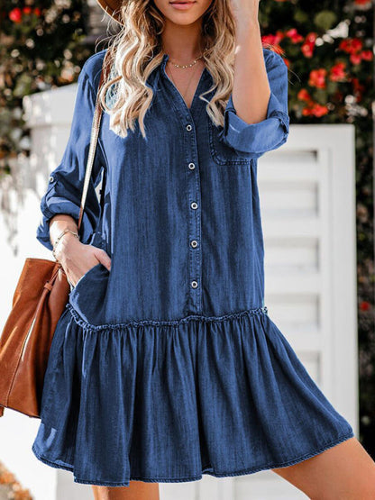 Dress- Cotton Shirt Jean Denim Dress for Women- - IndioGear Fashion and Gear