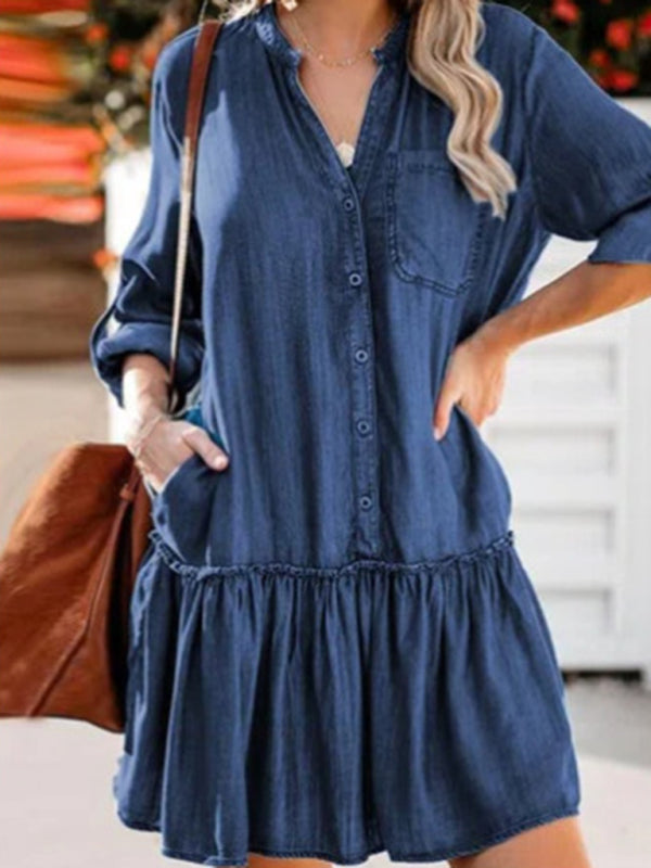 Dress- Cotton Shirt Jean Denim Dress for Women- Blue- IndioGear Fashion and Gear