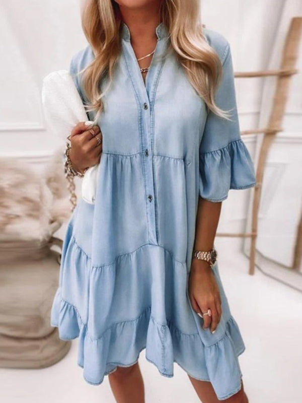 Dress- Denim Jean Tiers Mini Shirt Dress- - IndioGear Fashion and Gear