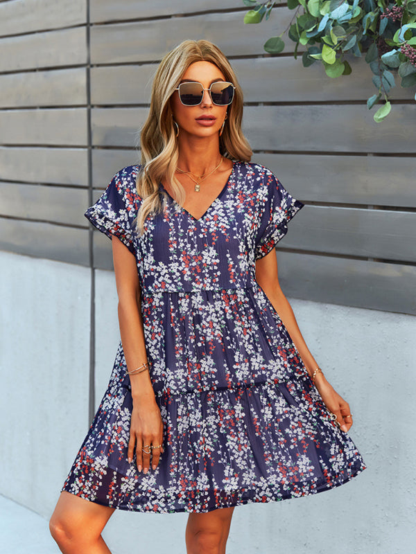 Dress- Discover Your New Favorite Dress with Our Floral Tiered Mini Dress- Purplish blue navy- IndioGear Fashion and Gear