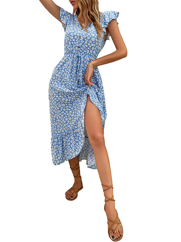 Dress- Ditsy Floral A-Line Midi Dress with Butterfly Sleeves and Ruffle Hem- - IndioGear Fashion and Gear