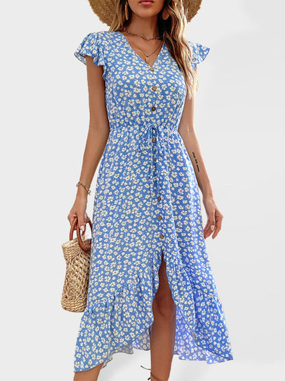 Dress- Ditsy Floral A-Line Midi Dress with Butterfly Sleeves and Ruffle Hem- Blue- IndioGear Fashion and Gear