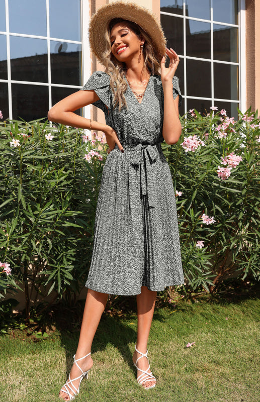 Dress- Ditsy Floral Pleated Belt Tie Midi Dress- - IndioGear Fashion and Gear