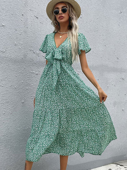 Dress- Ditsy Floral Tiered Dress with Butterfly Sleeves for Women- Green- IndioGear Fashion and Gear