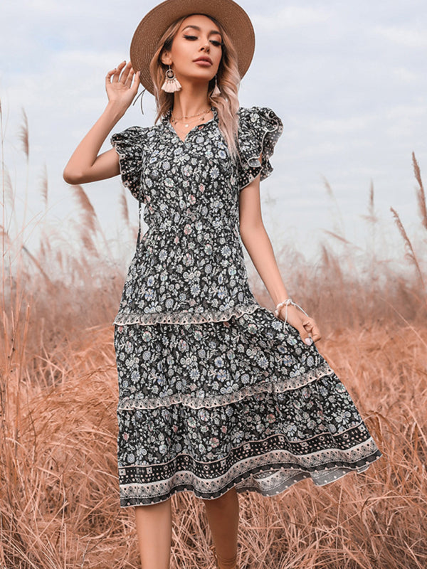 Dress- Effortless Charm: Women's Casual Floral Dress with Butterfly Sleeves- - IndioGear Fashion and Gear