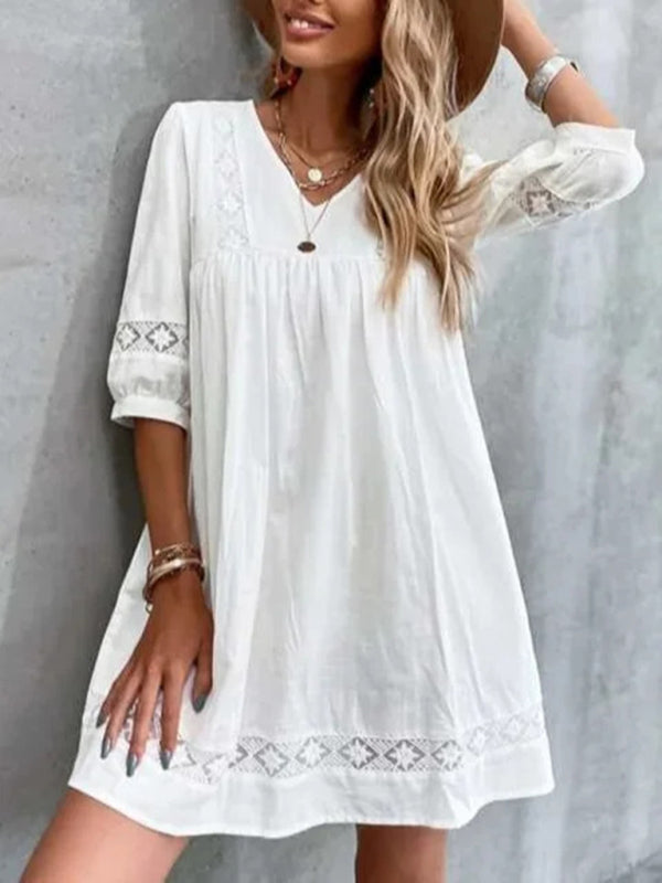 Dress- Effortless Charm: Women's Vacation Cotton Beach Mini Dress- - IndioGear Fashion and Gear