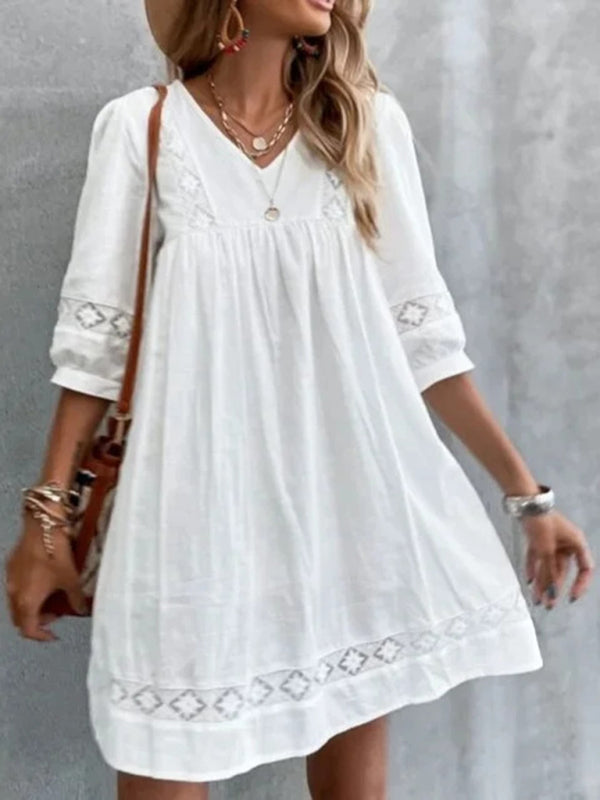 Dress- Effortless Charm: Women's Vacation Cotton Beach Mini Dress- - IndioGear Fashion and Gear