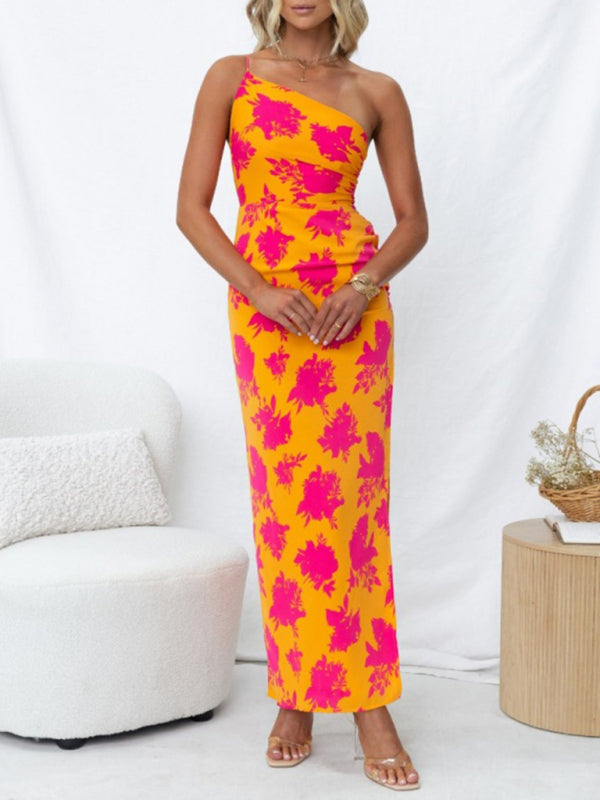 Dress- Elegant Floral Print One Shoulder Split Thigh Maxi Dress- Orange- IndioGear Fashion and Gear