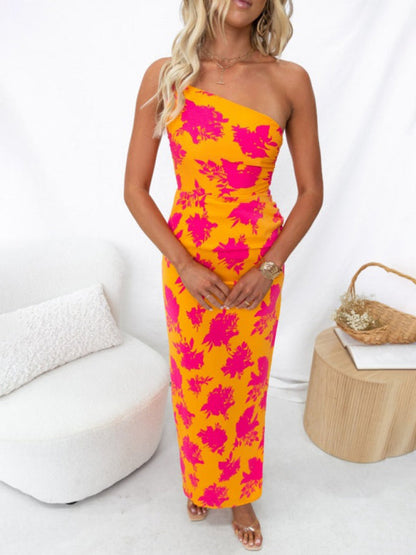 Dress- Elegant Floral Print One Shoulder Split Thigh Maxi Dress- - IndioGear Fashion and Gear