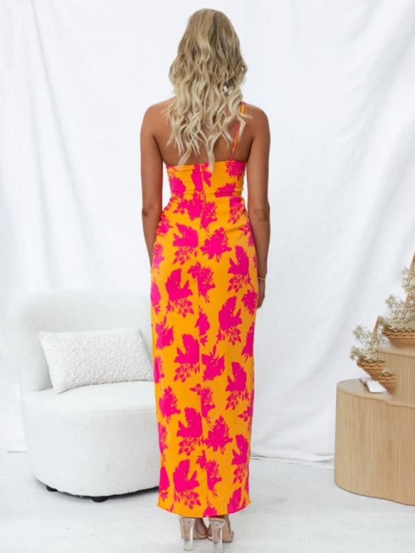 Dress- Elegant Floral Print One Shoulder Split Thigh Maxi Dress- - IndioGear Fashion and Gear