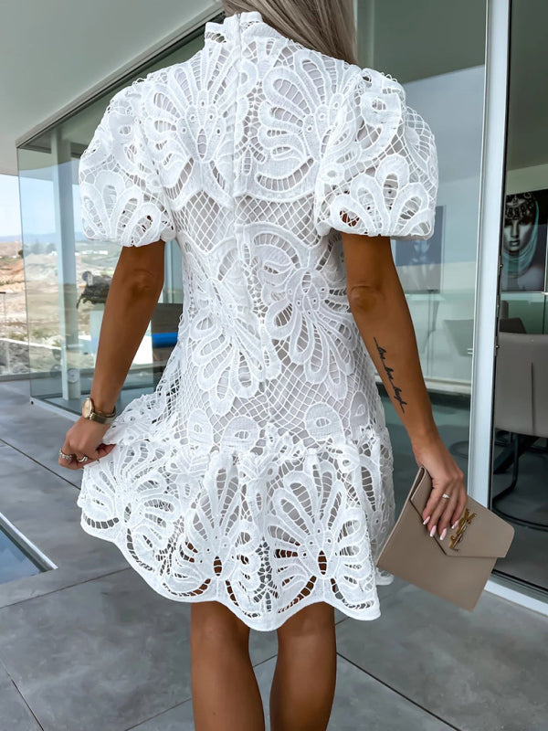 Dress- Elegant Hollow Lace Mini Dress for Women- - IndioGear Fashion and Gear