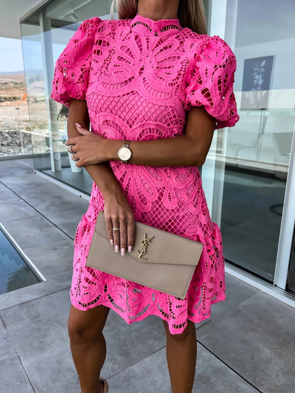 Dress- Elegant Hollow Lace Mini Dress for Women- Pink- IndioGear Fashion and Gear