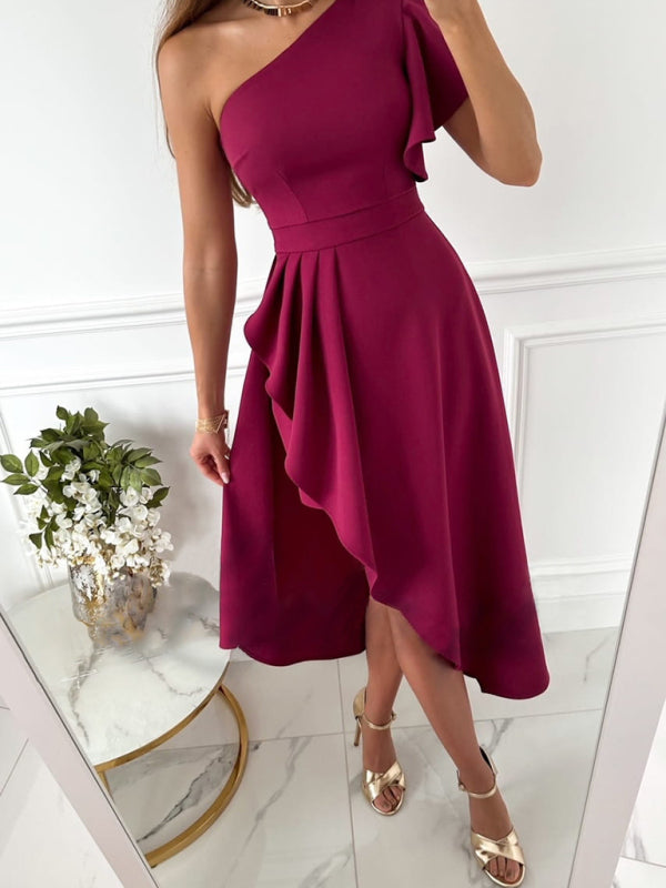 Dress- Elegant Midi One Shoulder Overskirt Dress- Wine Red- IndioGear Fashion and Gear