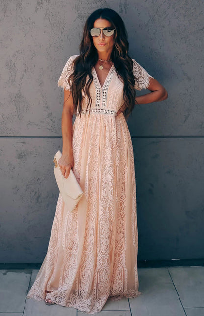 Dress- Elegant Overlay Guipure Lace Maxi Dress- - IndioGear Fashion and Gear