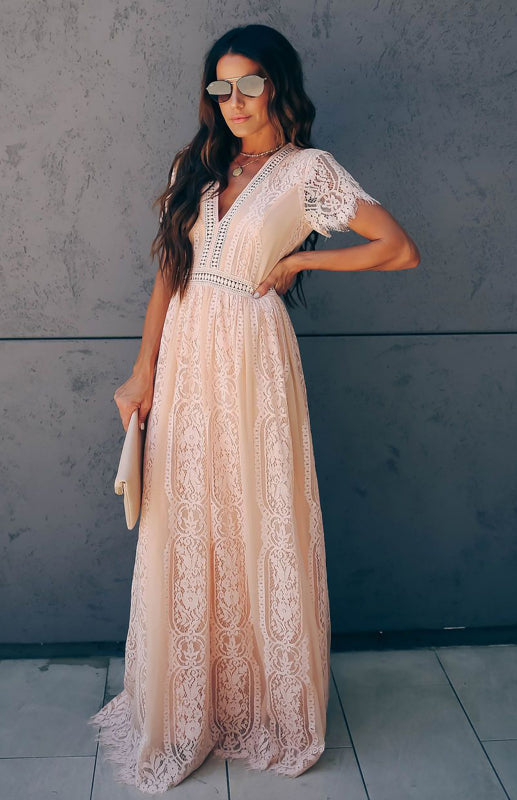 Dress- Elegant Overlay Guipure Lace Maxi Dress- - IndioGear Fashion and Gear