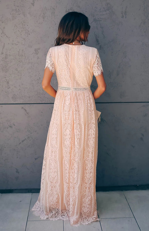 Dress- Elegant Overlay Guipure Lace Maxi Dress- - IndioGear Fashion and Gear