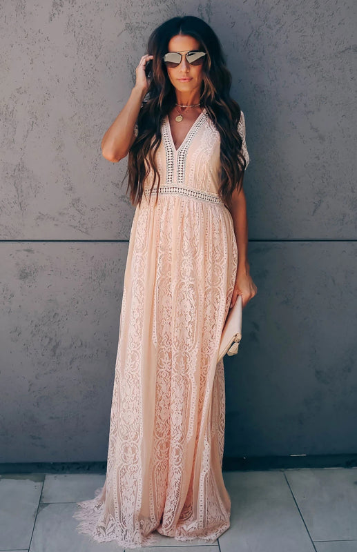 Dress- Elegant Overlay Guipure Lace Maxi Dress- - IndioGear Fashion and Gear