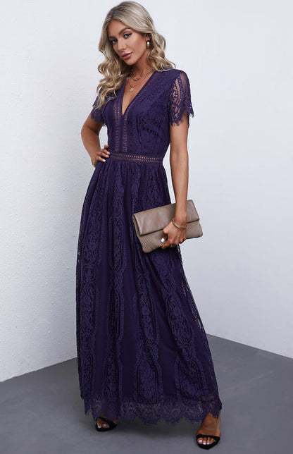 Dress- Elegant Overlay Guipure Lace Maxi Dress- Purple- IndioGear Fashion and Gear