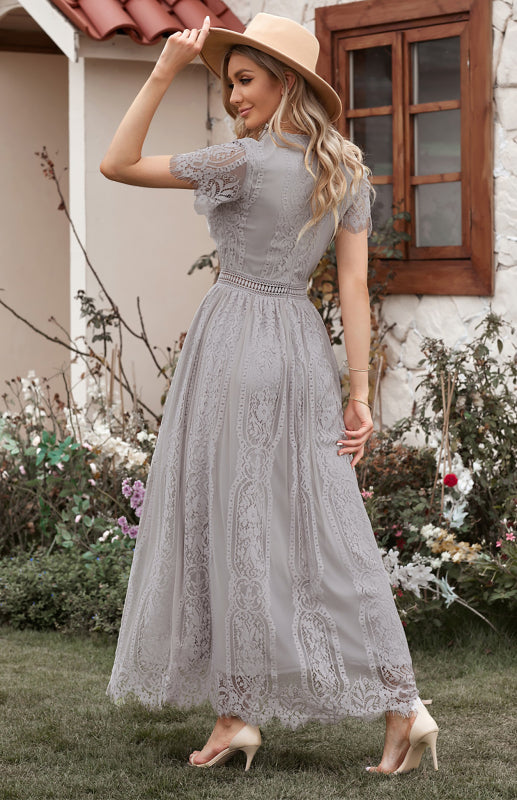 Dress- Elegant Overlay Guipure Lace Maxi Dress- - IndioGear Fashion and Gear