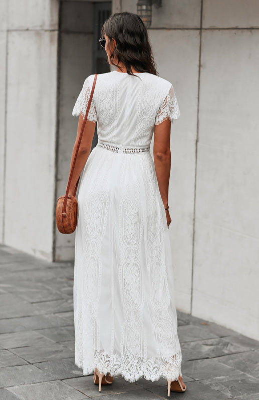 Dress- Elegant Overlay Guipure Lace Maxi Dress- - IndioGear Fashion and Gear