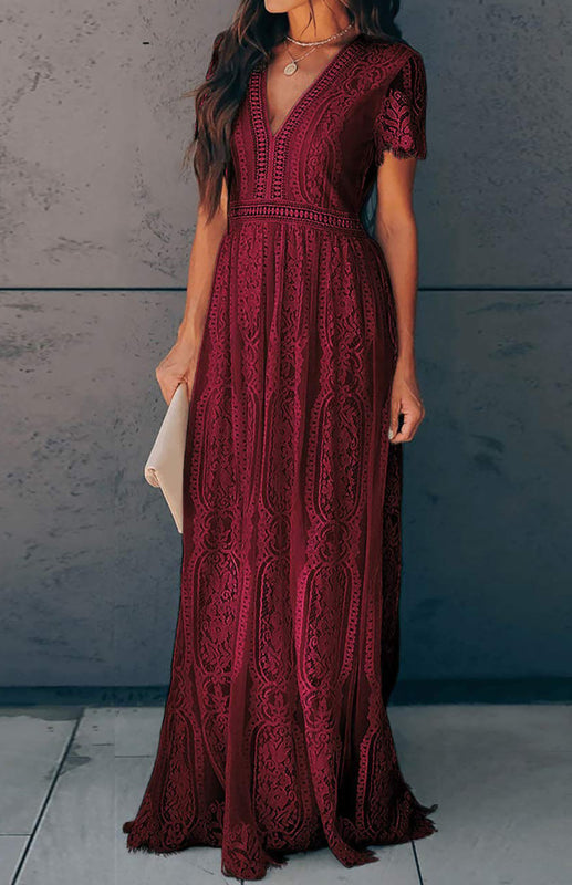 Dress- Elegant Overlay Guipure Lace Maxi Dress- - IndioGear Fashion and Gear