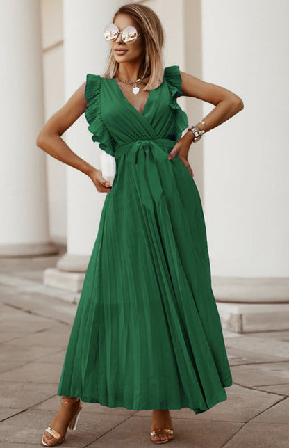 Dress- Elegant Pleated V Neck Waist Tie Maxi Dress- Grass Green- IndioGear Fashion and Gear