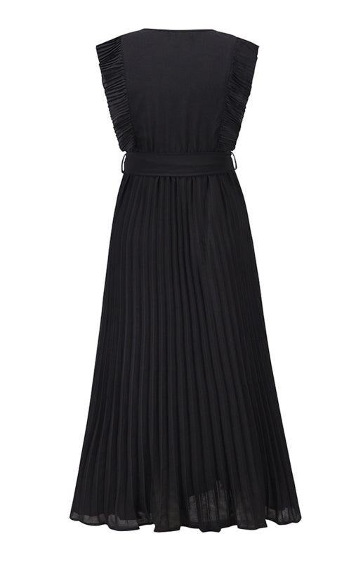 Dress- Elegant Pleated V Neck Waist Tie Maxi Dress- - IndioGear Fashion and Gear