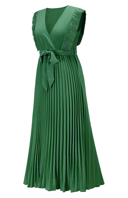 Dress- Elegant Pleated V Neck Waist Tie Maxi Dress- - IndioGear Fashion and Gear