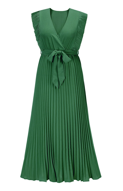 Dress- Elegant Pleated V Neck Waist Tie Maxi Dress- - IndioGear Fashion and Gear