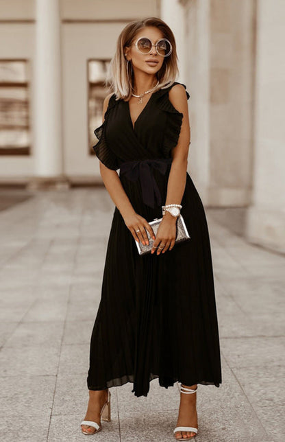 Dress- Elegant Pleated V Neck Waist Tie Maxi Dress- - IndioGear Fashion and Gear