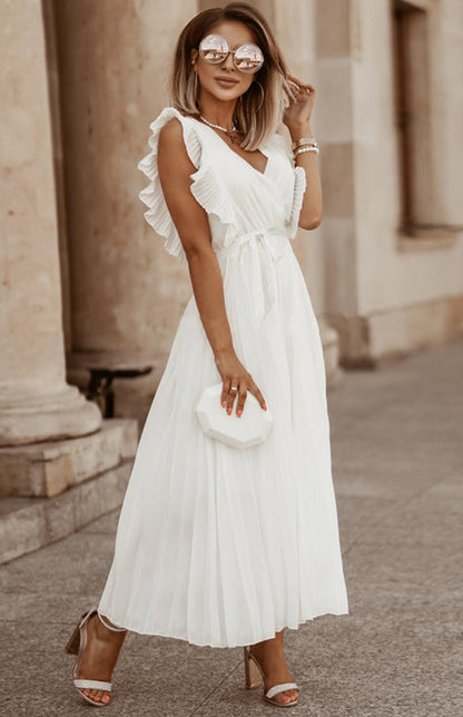 Dress- Elegant Pleated V Neck Waist Tie Maxi Dress- White- IndioGear Fashion and Gear