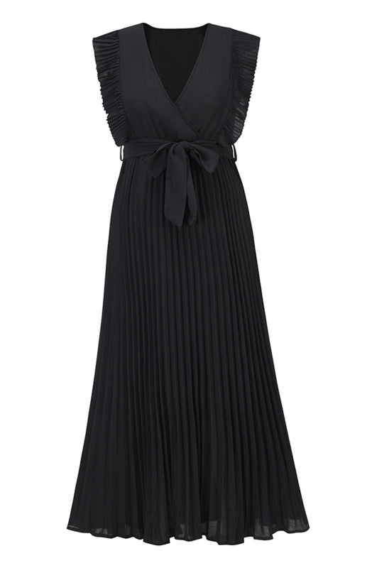 Dress- Elegant Pleated V Neck Waist Tie Maxi Dress- - IndioGear Fashion and Gear