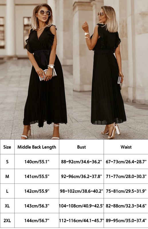 Dress- Elegant Pleated V Neck Waist Tie Maxi Dress- - IndioGear Fashion and Gear