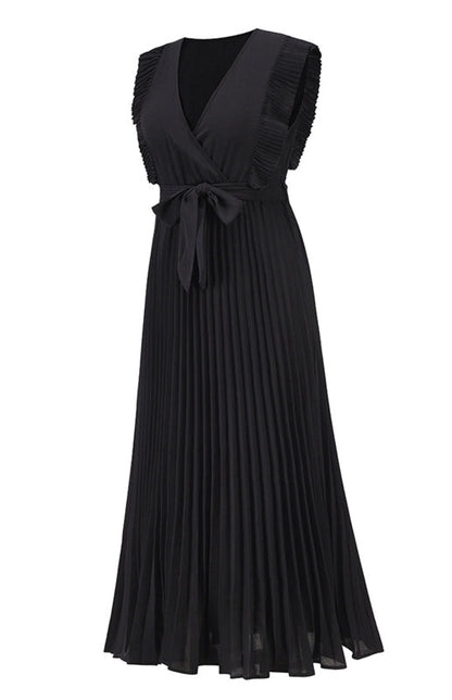 Dress- Elegant Pleated V Neck Waist Tie Maxi Dress- - IndioGear Fashion and Gear