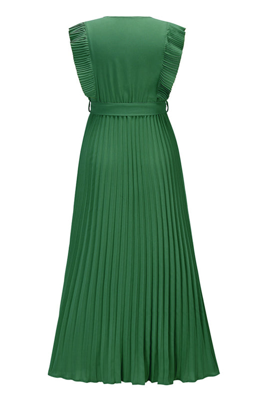 Dress- Elegant Pleated V Neck Waist Tie Maxi Dress- - IndioGear Fashion and Gear