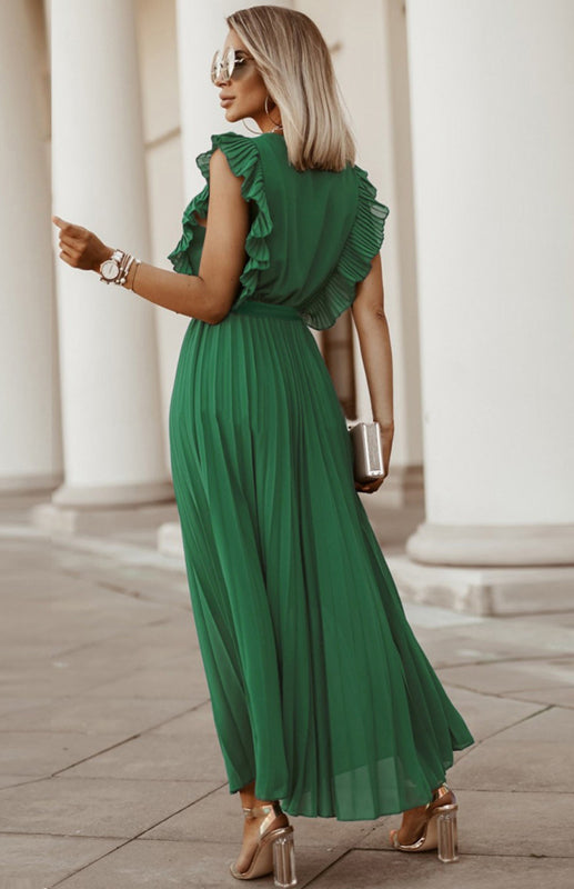 Dress- Elegant Pleated V Neck Waist Tie Maxi Dress- - IndioGear Fashion and Gear