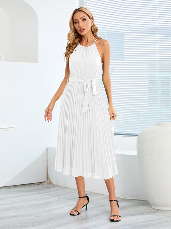 Dress- Elegant Pleated Waist Tie Halter Midi Dress- - IndioGear Fashion and Gear