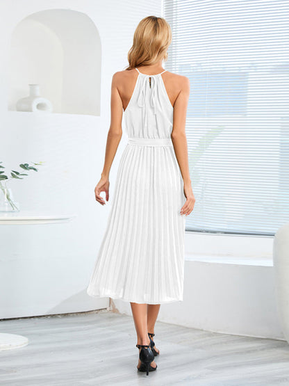 Dress- Elegant Pleated Waist Tie Halter Midi Dress- - IndioGear Fashion and Gear