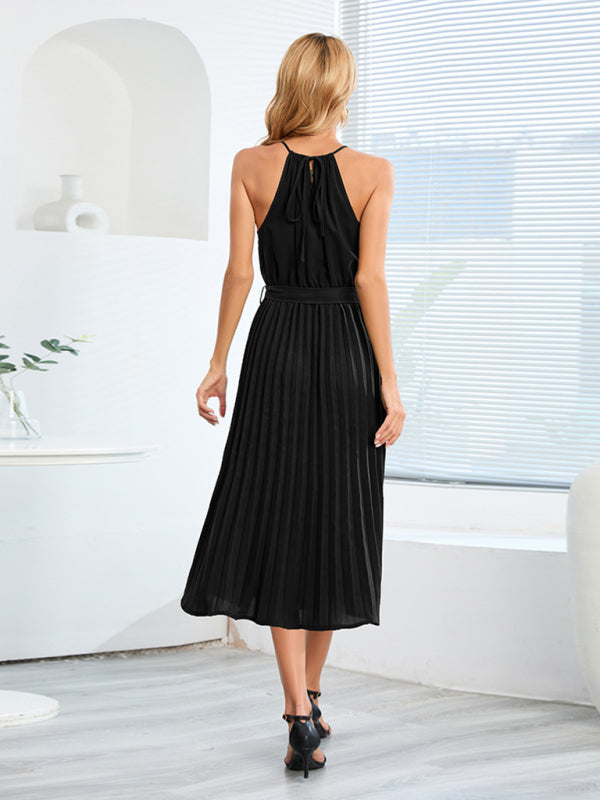 Dress- Elegant Pleated Waist Tie Halter Midi Dress- - IndioGear Fashion and Gear