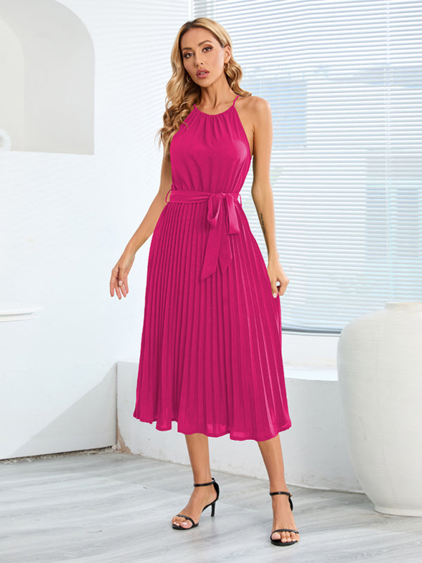 Dress- Elegant Pleated Waist Tie Halter Midi Dress- Fuchsia- IndioGear Fashion and Gear