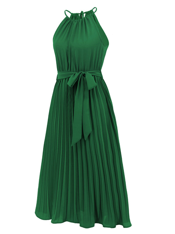 Dress- Elegant Pleated Waist Tie Halter Midi Dress- - IndioGear Fashion and Gear