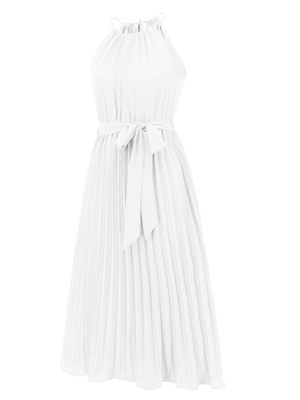 Dress- Elegant Pleated Waist Tie Halter Midi Dress- - IndioGear Fashion and Gear